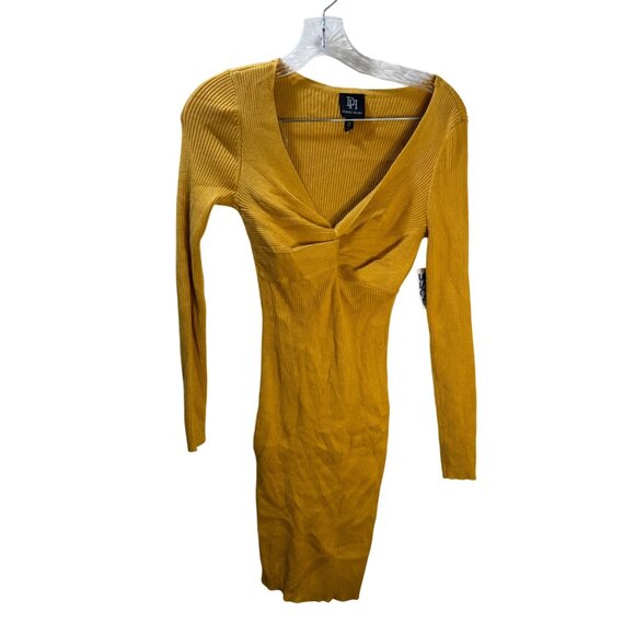 Mustard Yellow Ribbed Knit Long Sleeve V-Neck Bodycon‎ Dress By Derek Heart Size - Picture 1 of 8
